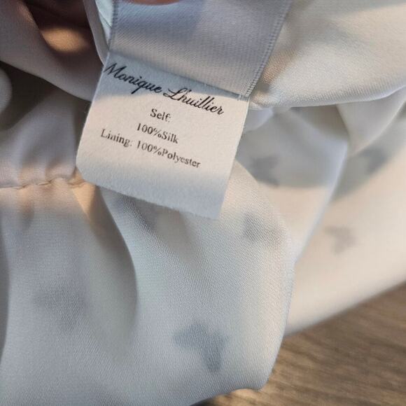 Monique Lhuillier Silk Dress Womens Sz 6 White Butterfly Midi Faux Wrap No Belt - Picture 16 of 16